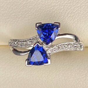 Kay Jewelers 10K White Gold Trillion Cut Sapphire Diamond Ring Sz 6.5 - 1.8 gm